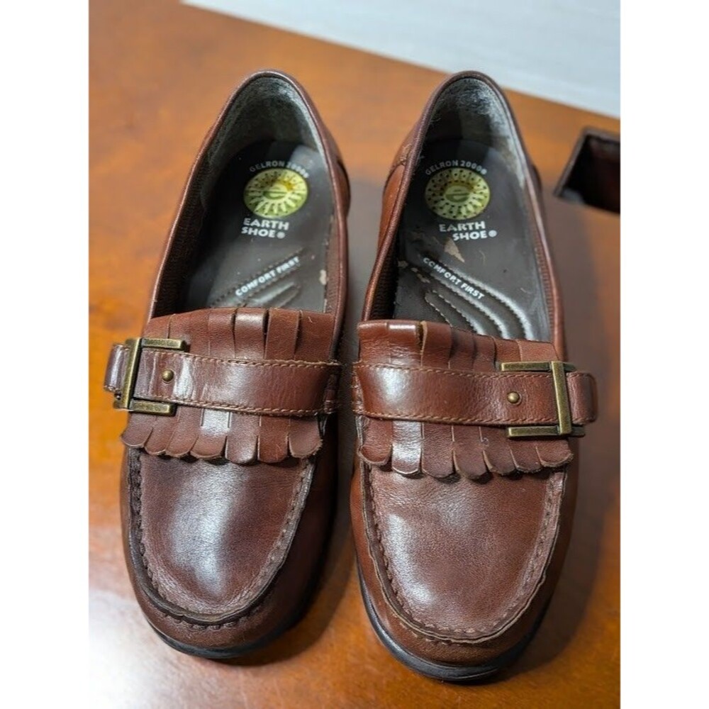 VINTAGE 90s Earth Shoe SABLE Brown Leather Kiltie Loafers Y2K Academic 8.5W